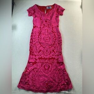 JS Collections Vibrant Pink Embroidered Midi Dress